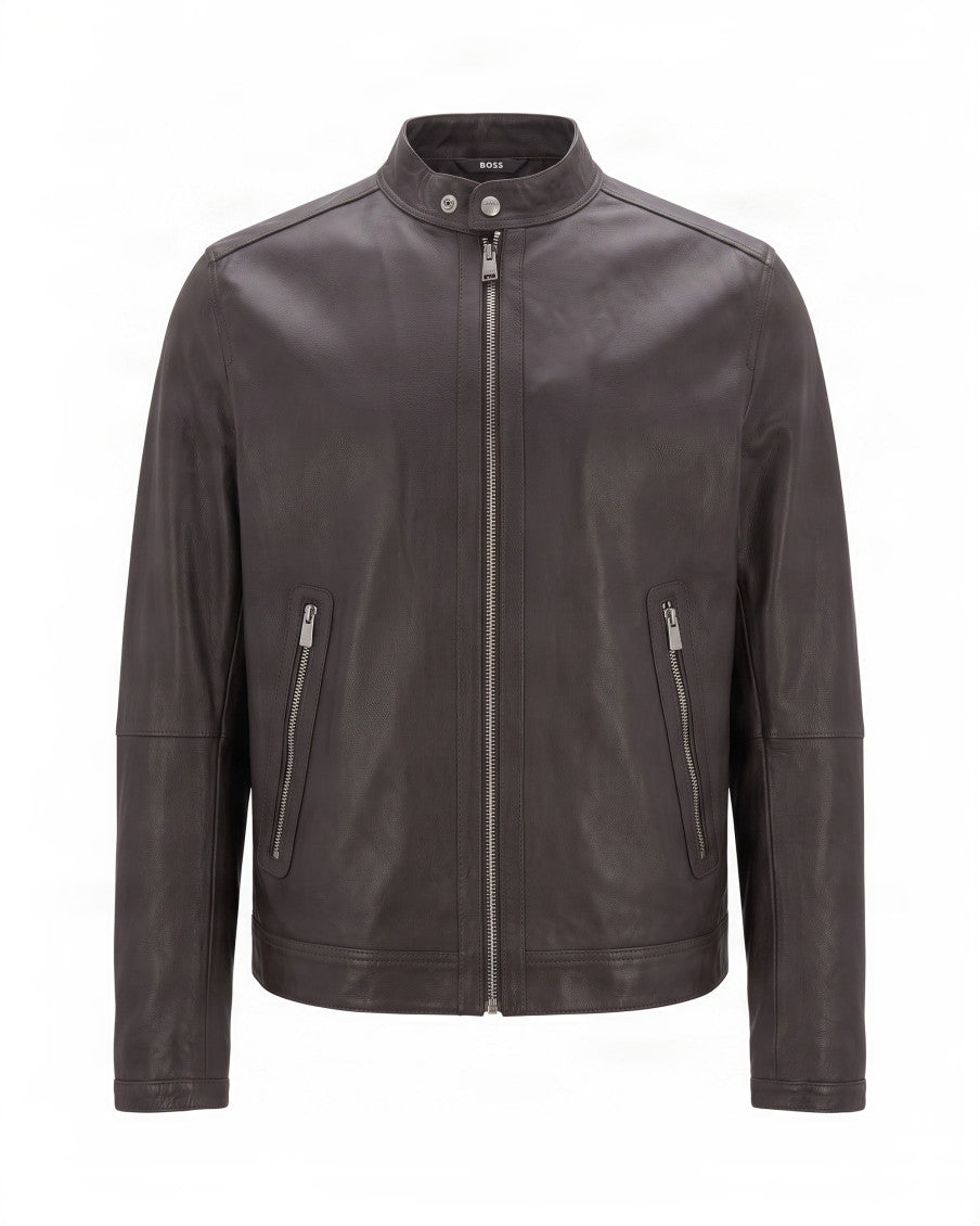 Brown Solid Band Collar Jacket 1