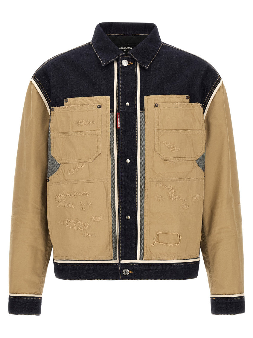 Beige Color Block Shirt Collar Jacket 1