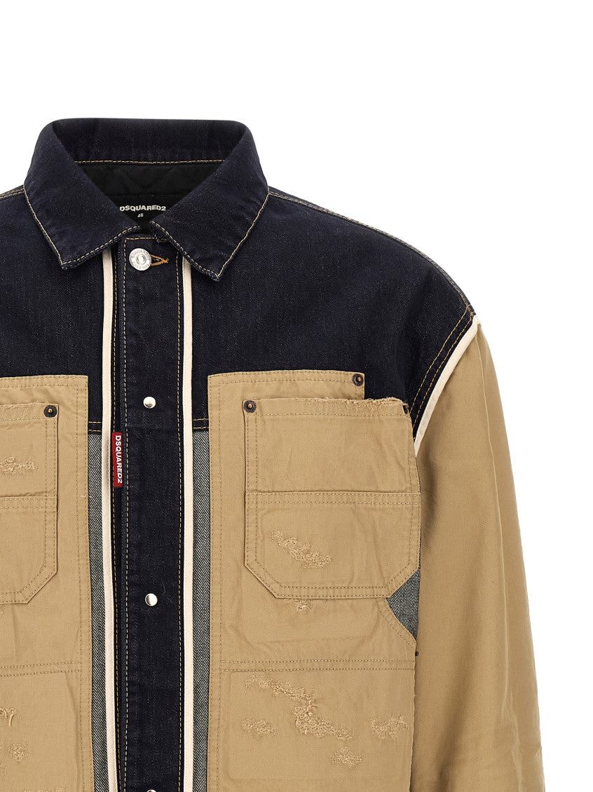 Beige Color Block Shirt Collar Jacket 3