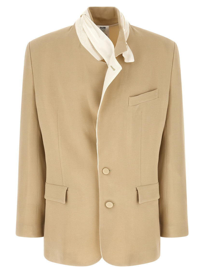 Beige Solid Mandarin Collar Blazer 1