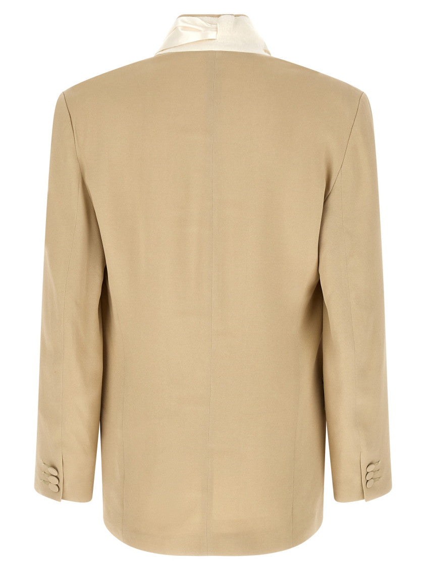 Beige Solid Mandarin Collar Blazer 2