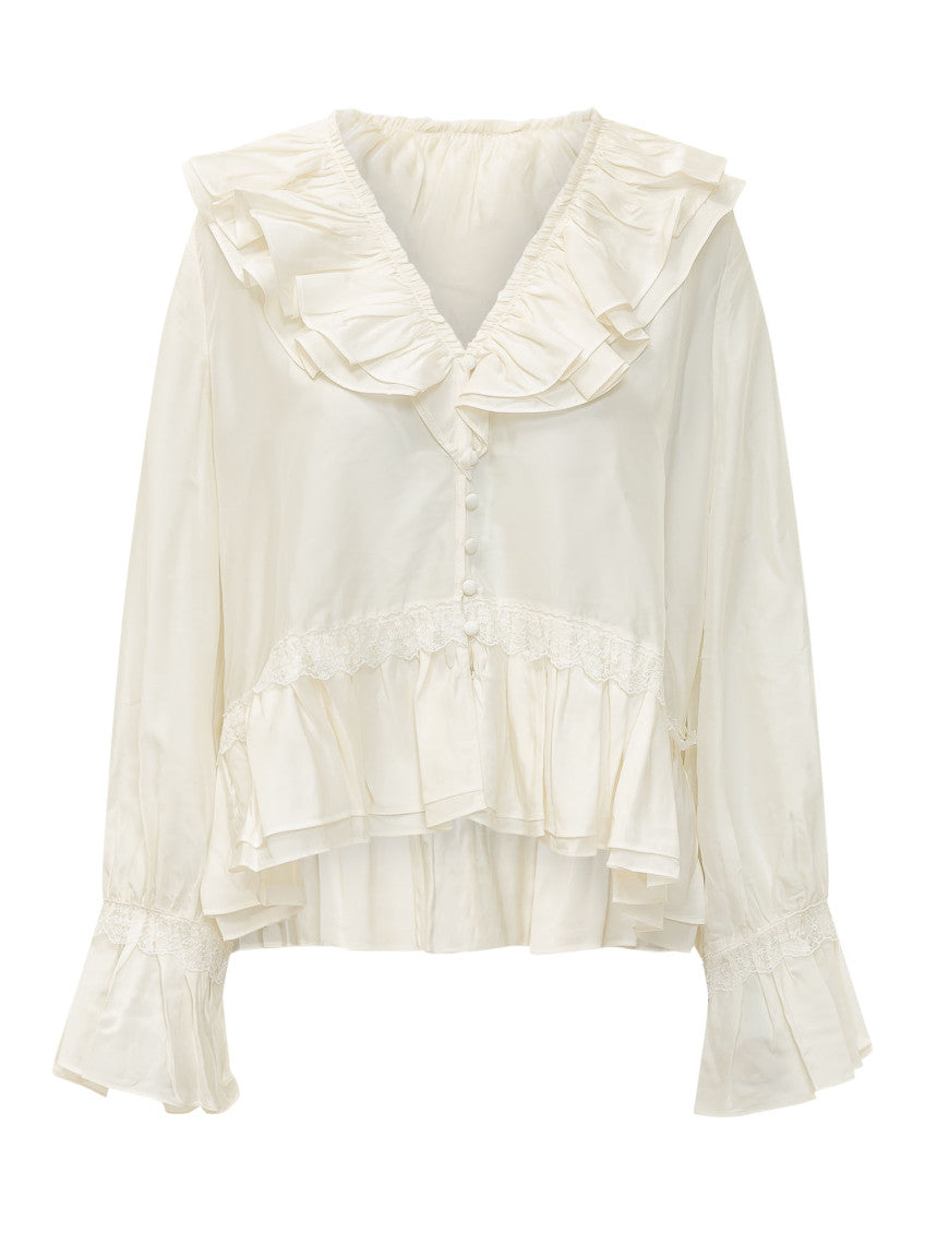 Off White Ruffle V Neck Top 1
