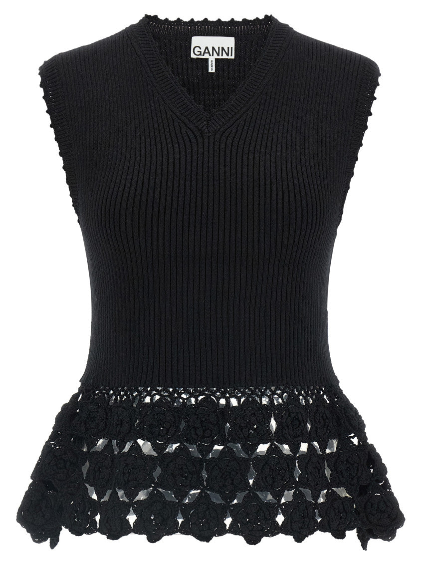 Black Crochet V Neck Top 1
