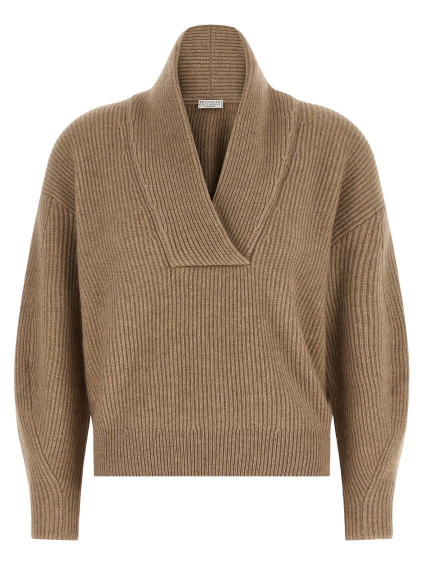 Beige Knitted Shawl Neck Sweater 1