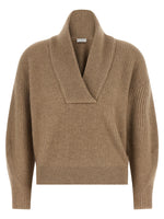 Beige Knitted Shawl Neck Sweater 1