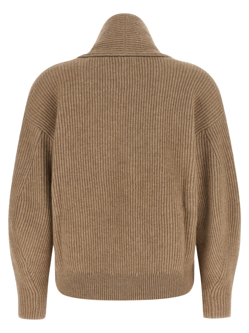 Beige Knitted Shawl Neck Sweater 2