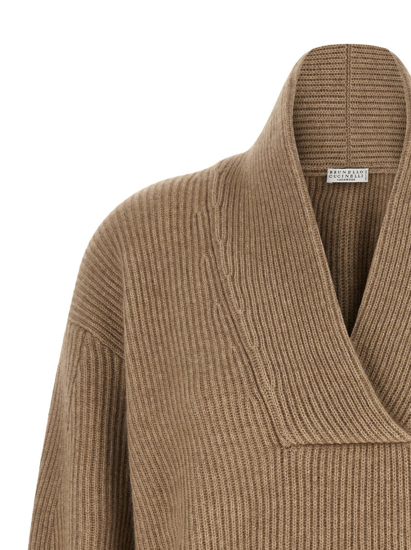 Beige Knitted Shawl Neck Sweater 3