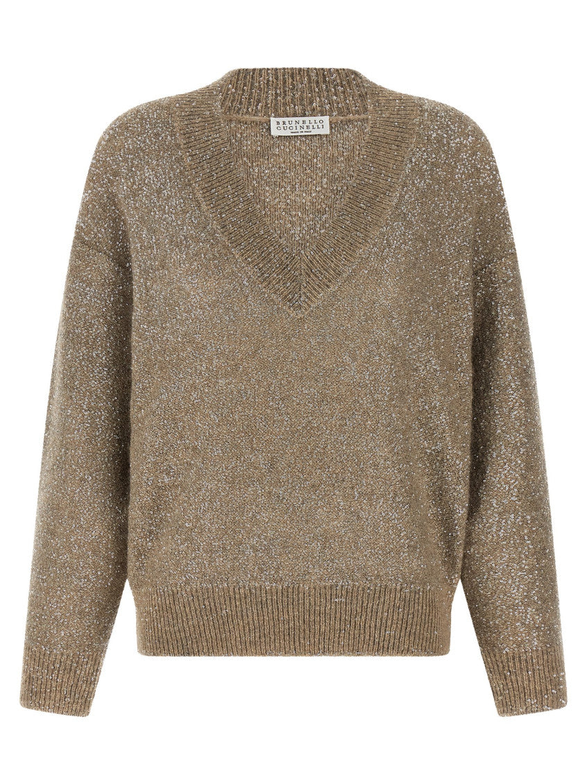 Brown Embellished V Neck Sweater 1