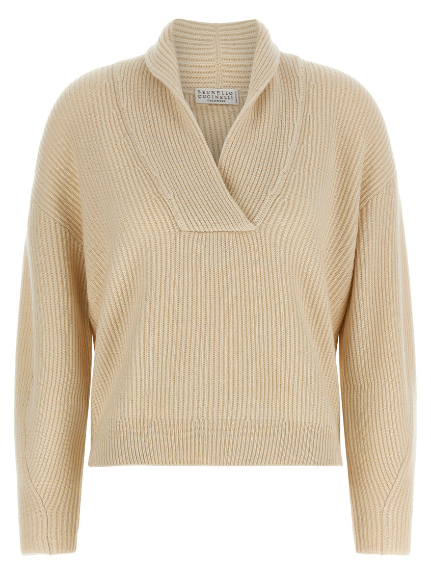 Beige Knitted Shawl Neck Sweater 1
