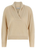 Beige Knitted Shawl Neck Sweater 1