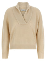 Beige Knitted Shawl Neck Sweater 1