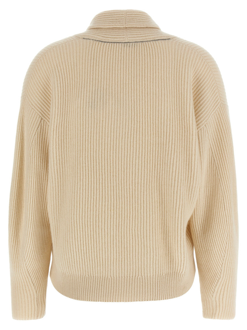 Beige Knitted Shawl Neck Sweater 2