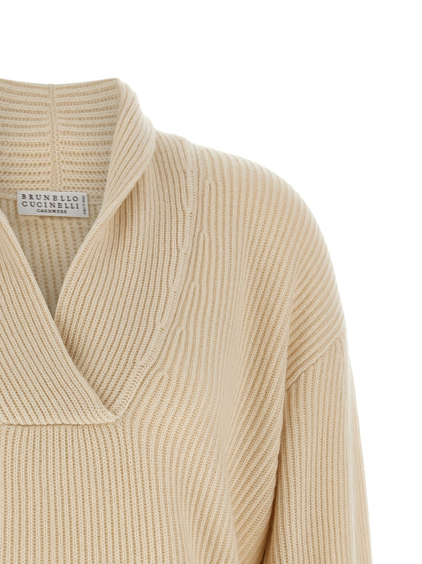 Beige Knitted Shawl Neck Sweater 3