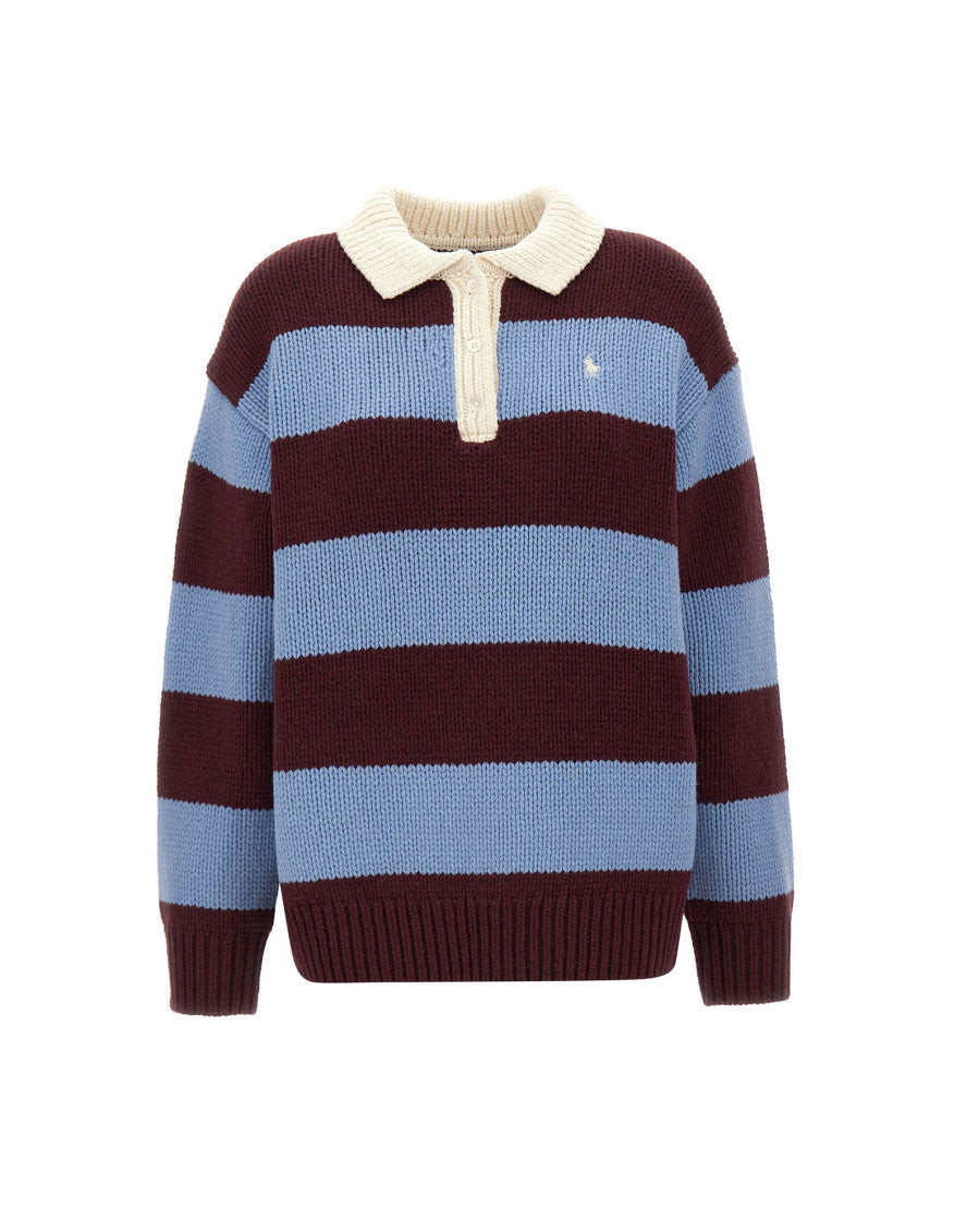 Multicolor Stripes Shirt Collar Sweater 1