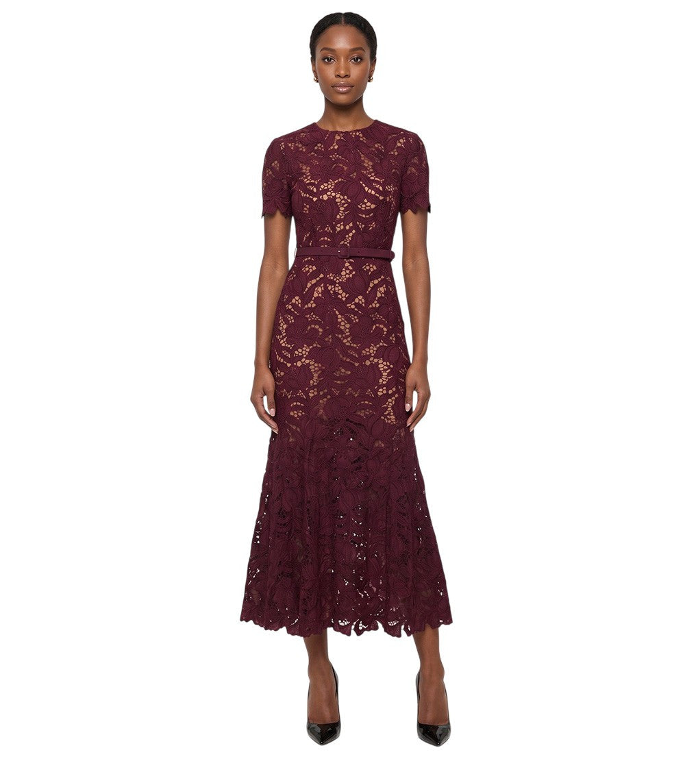 Red Lace Round Neck Midi Dress 2