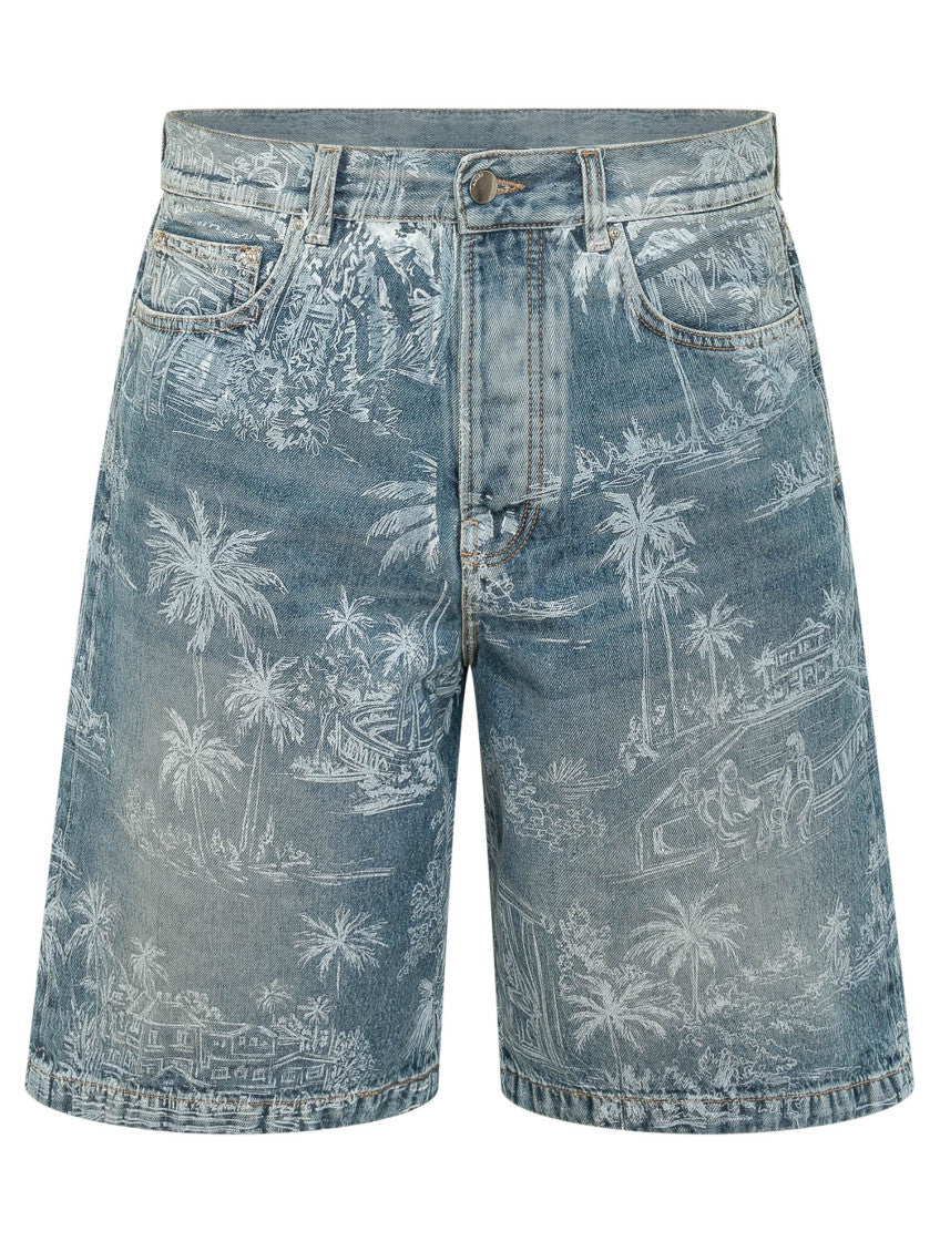 Blue Printed Denim Shorts 1