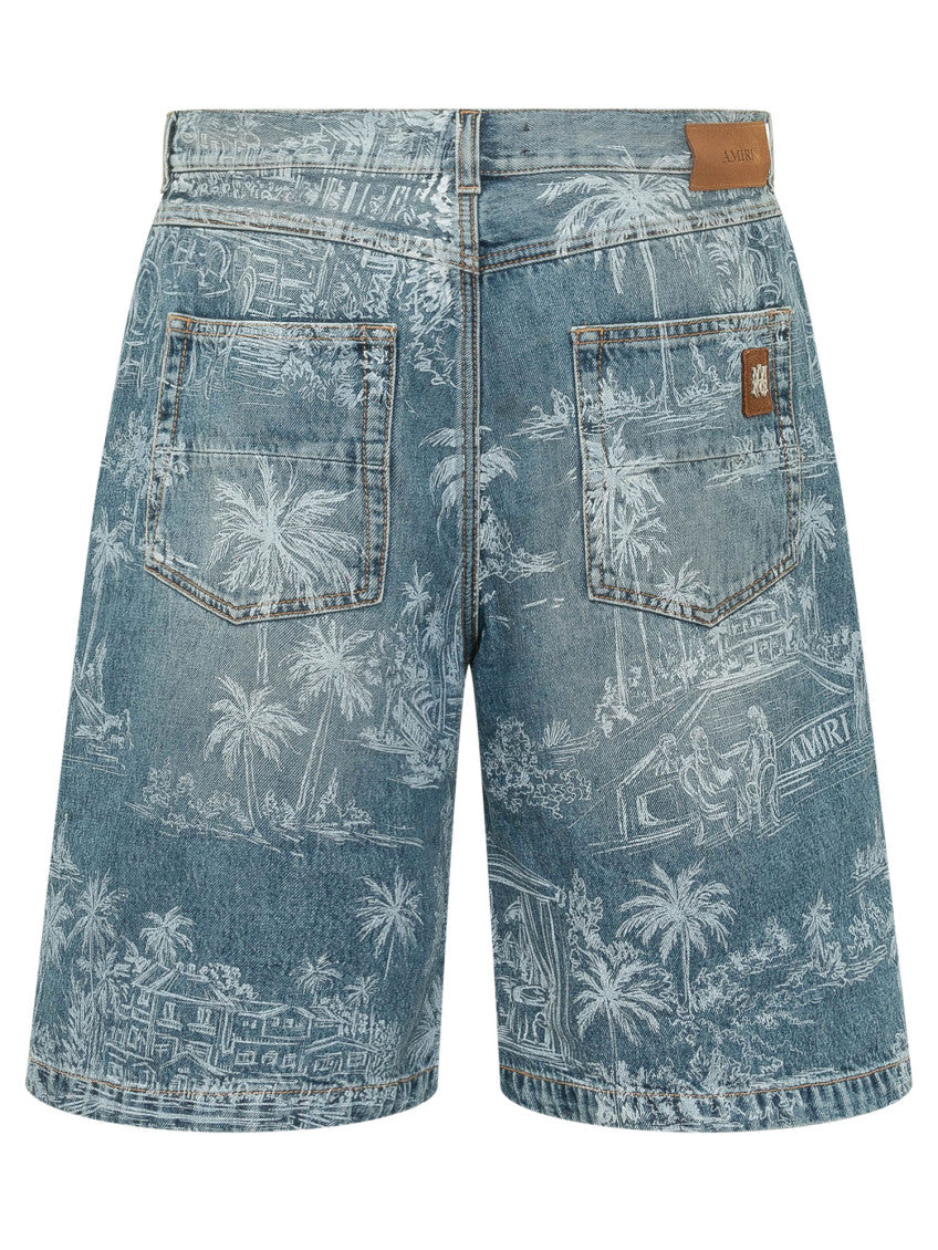 Blue Printed Denim Shorts 2