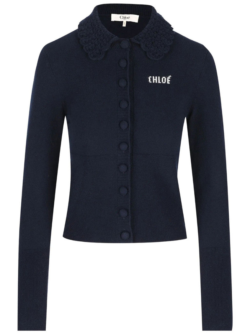 Navy Blue  Shirt Collar Cardigan 1