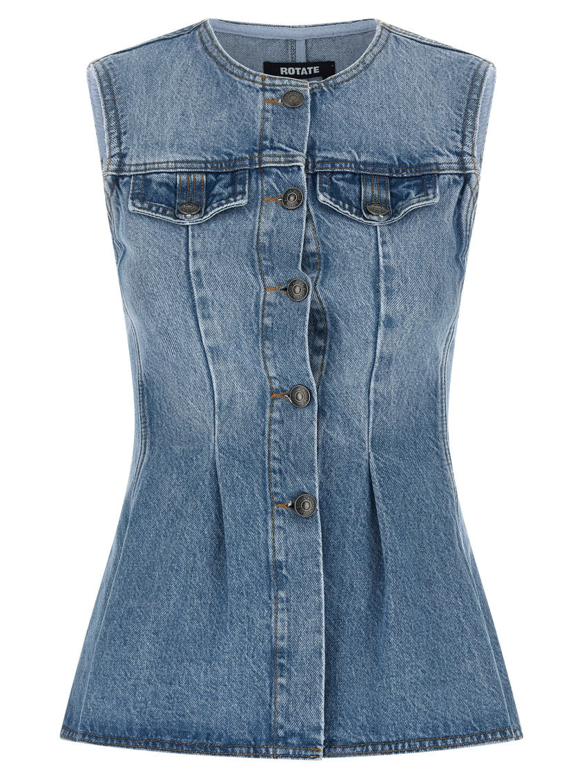 Light Blue Crew Neck Flared Denim Top 1