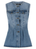 Light Blue Crew Neck Flared Denim Top 1