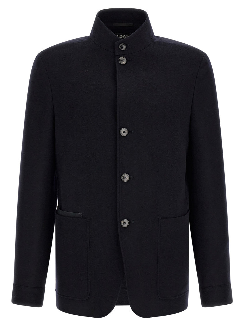 Blue Solid Mandarin Collar Jacket 1