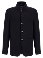 Blue Solid Mandarin Collar Jacket 1