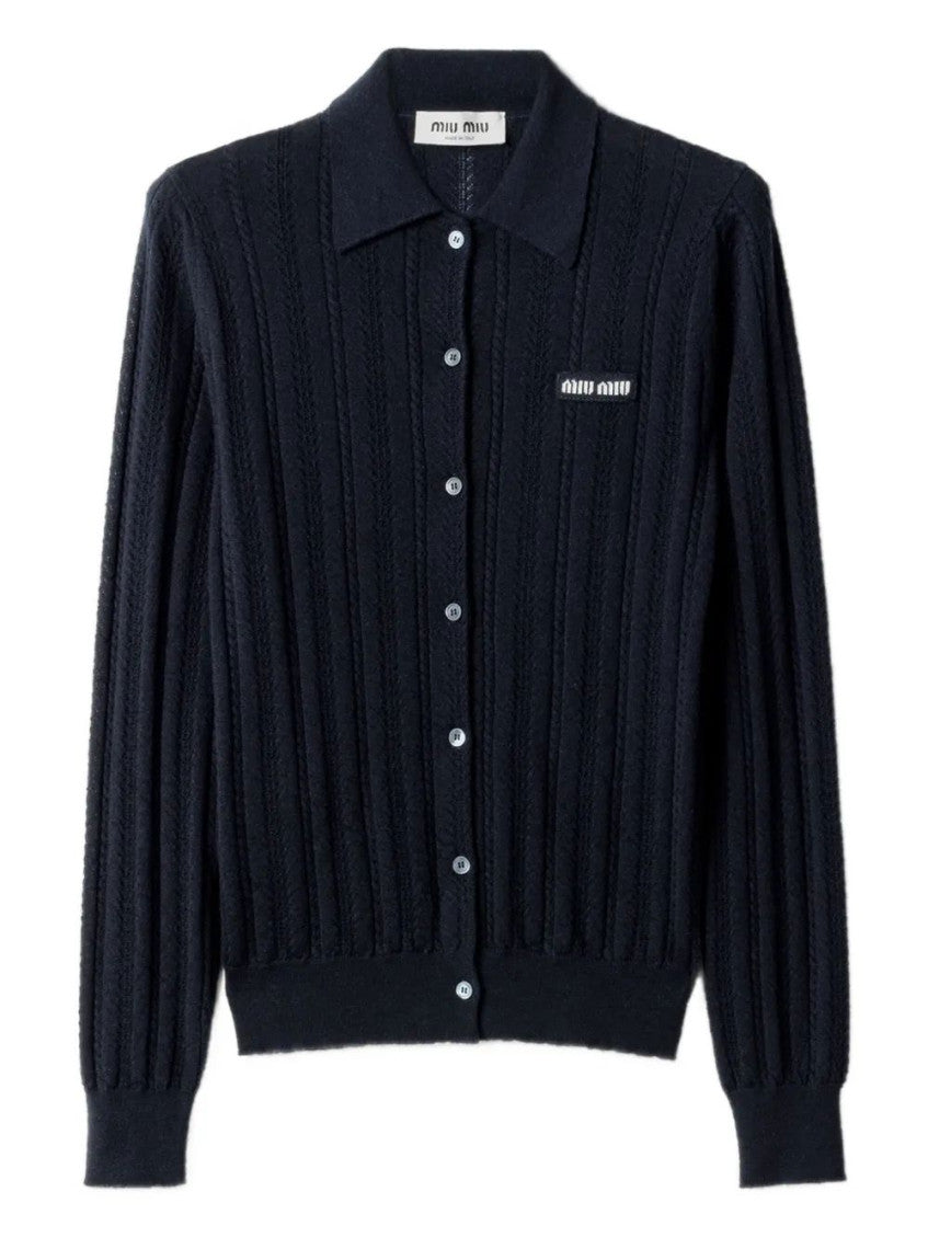 Navy Blue Knitted Shirt Collar Sweater 1