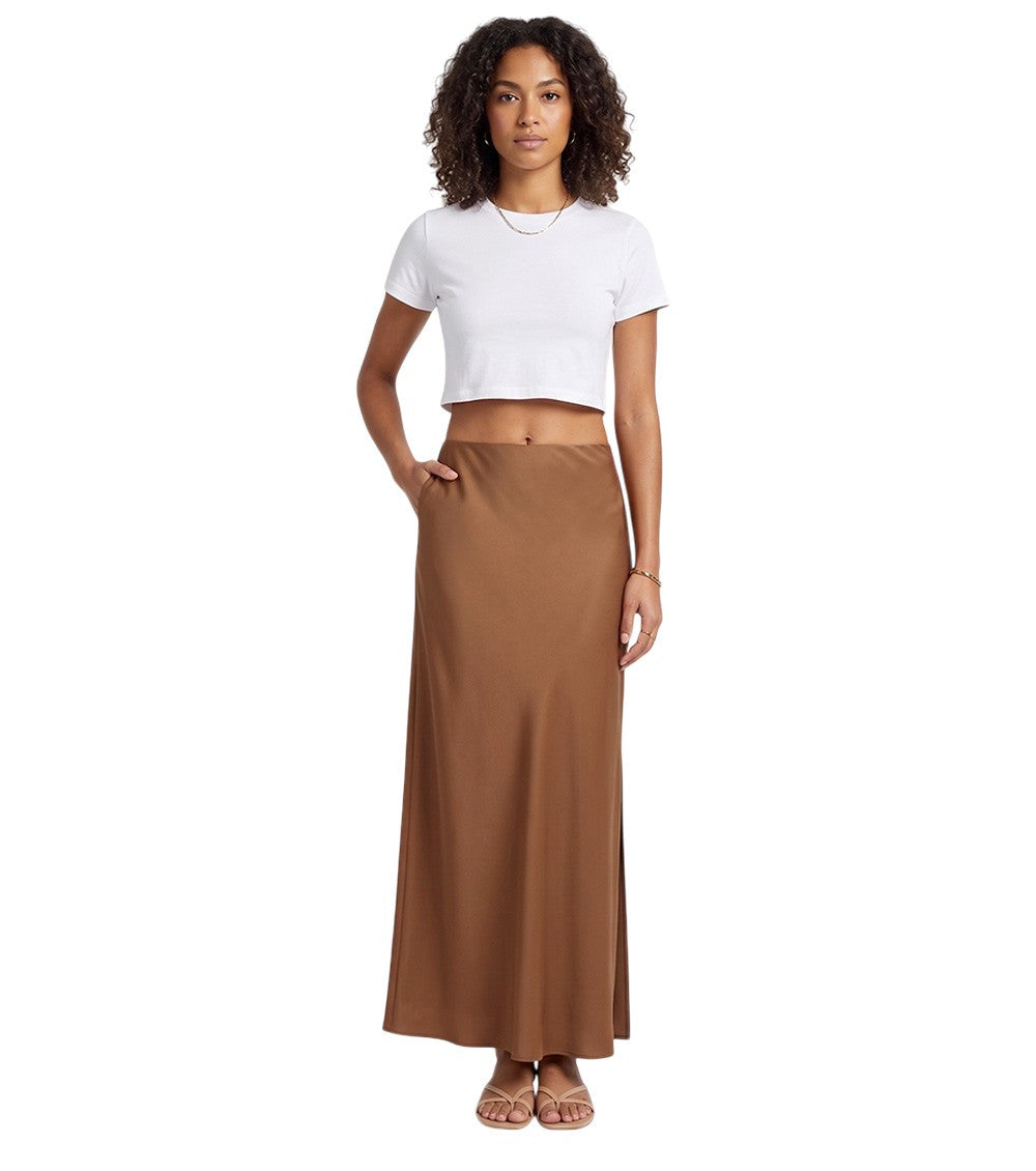 Brown Solid Midi Skirt 1