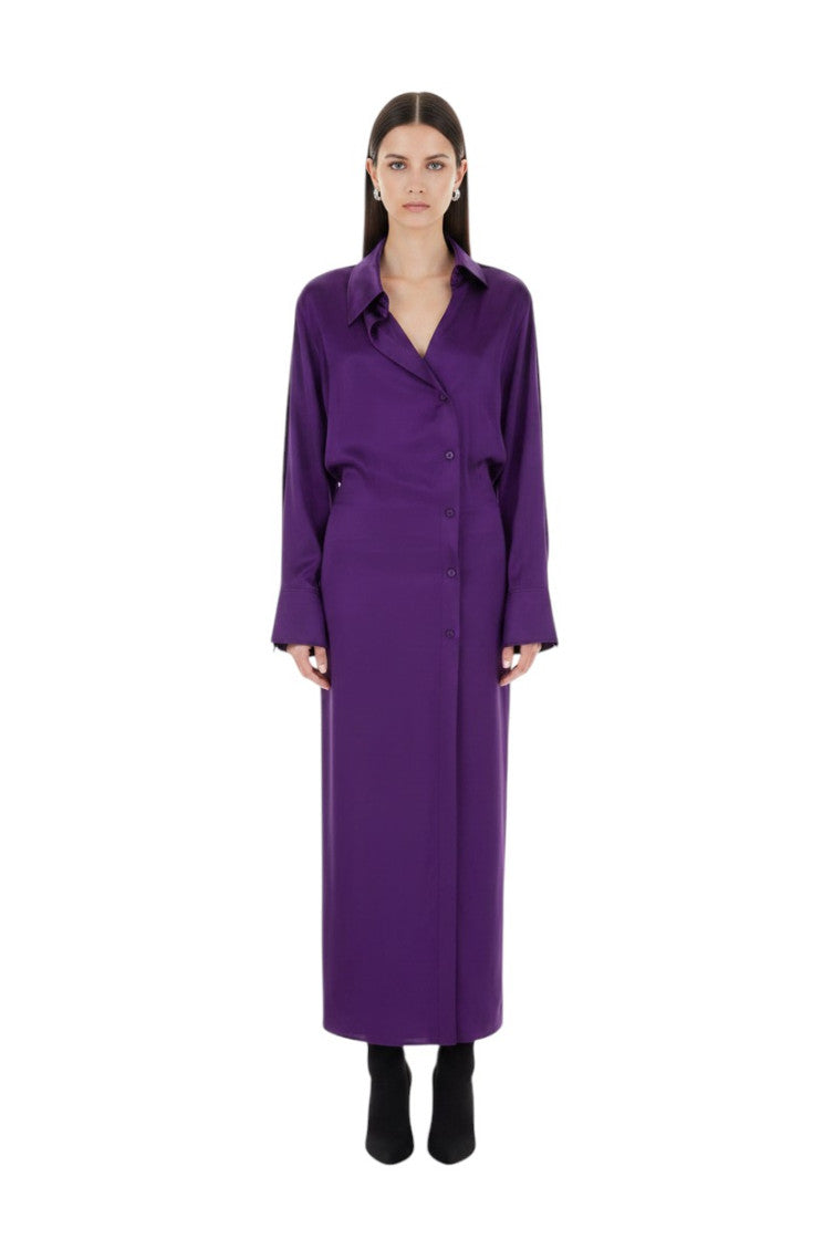 Purple Solid Shirt Collar Midi Dress 1