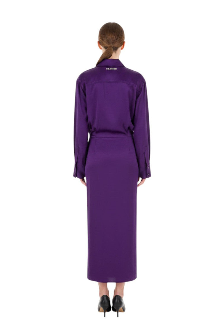 Purple Solid Shirt Collar Midi Dress 2