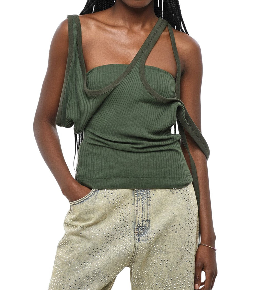 Dark Green Textured Asymmetric Neck Top 1