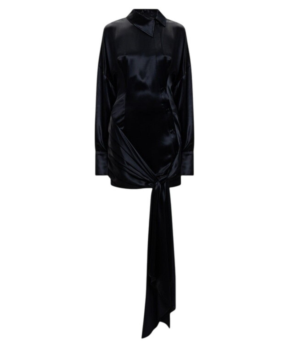 Black Solid Shirt Collar Mini Dress 1