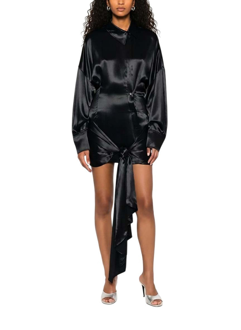Black Solid Shirt Collar Mini Dress 2