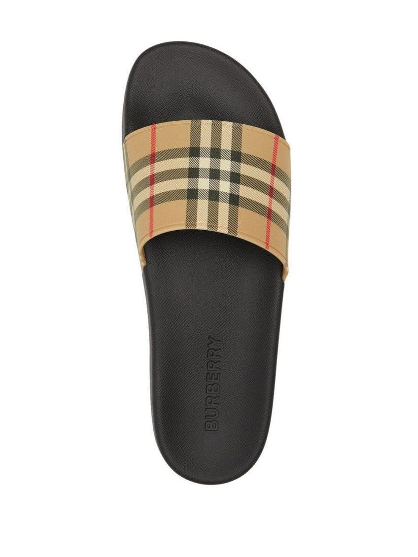 Beige Vintage Check pool slides 3