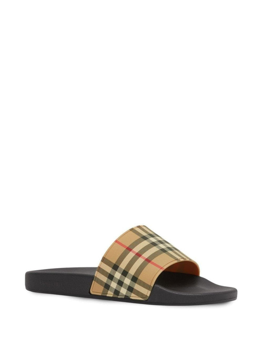 Beige Vintage Check pool slides 4