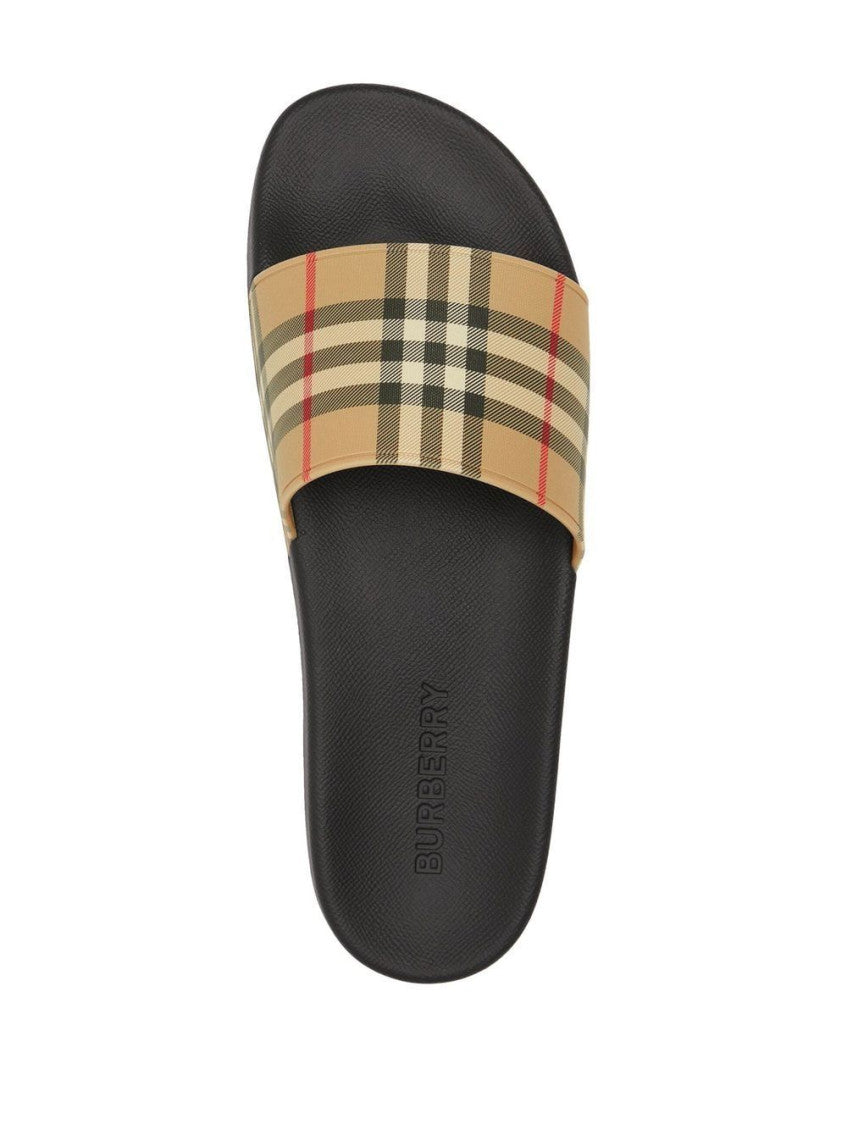 Beige Vintage Check pool slides 6