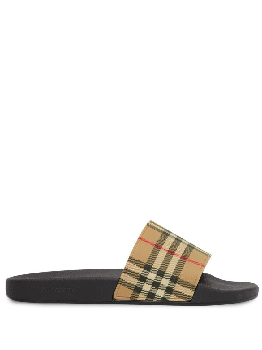 Beige Vintage Check pool slides 8