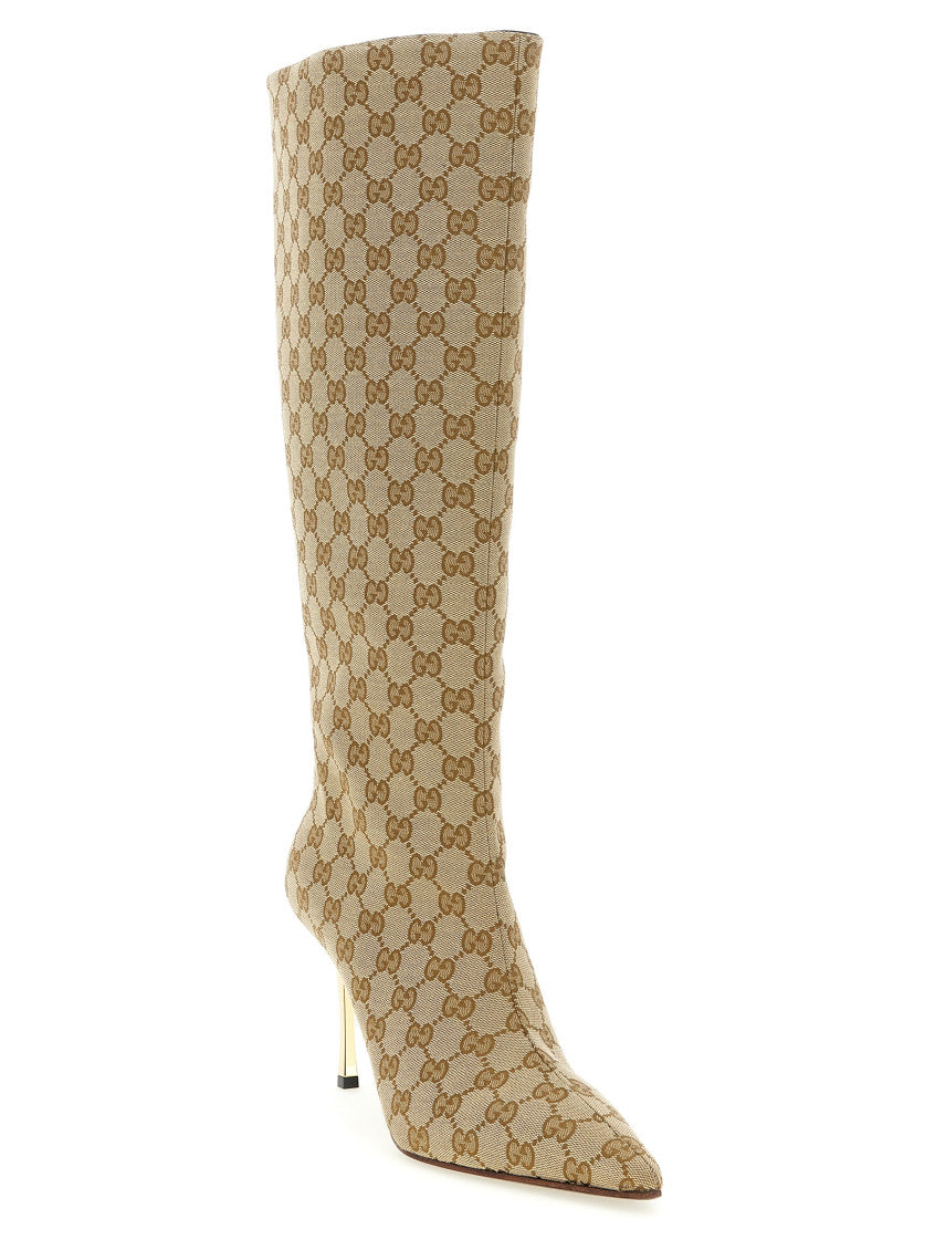 Beige Logo Pointed Toe Boots 2