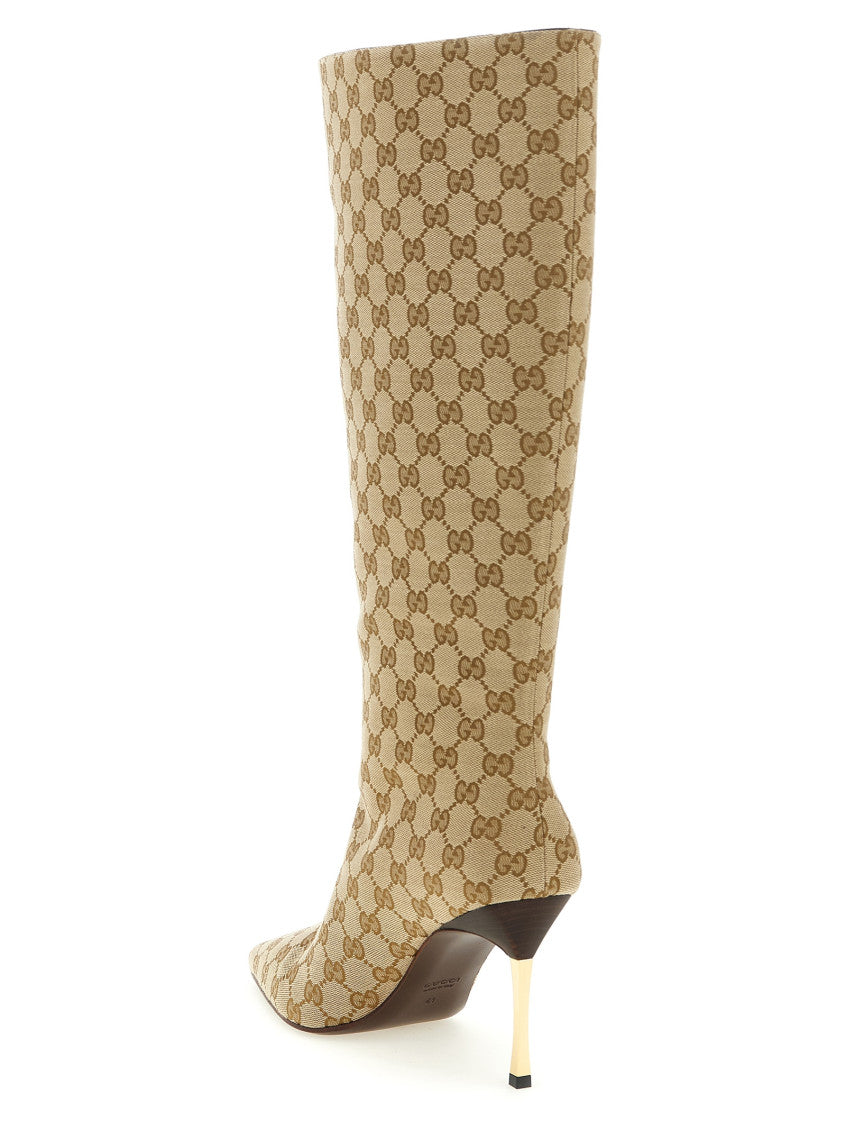 Beige Logo Pointed Toe Boots 3
