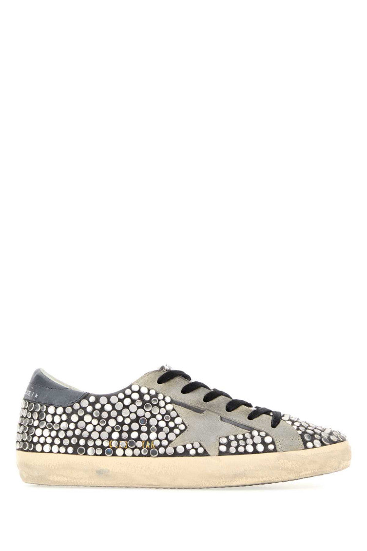 Grey Embellished Leather Sneakers 1