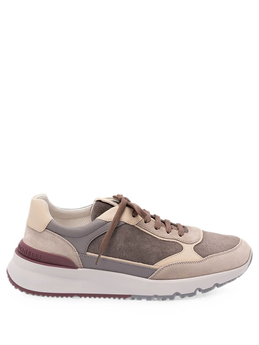 Beige Panelled Leather Sneakers 1