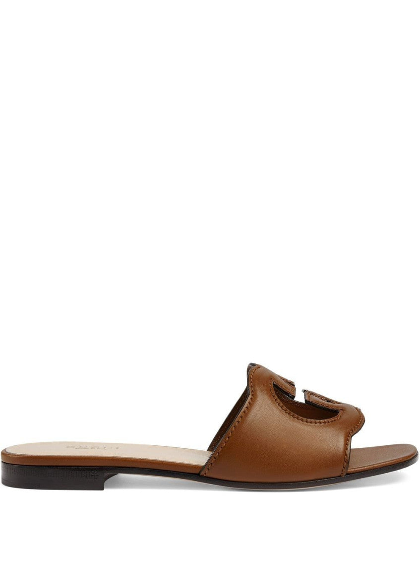 Brown GG Cut-out Leather Flat Sandals 1