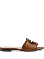 Brown GG Cut-out Leather Flat Sandals 1