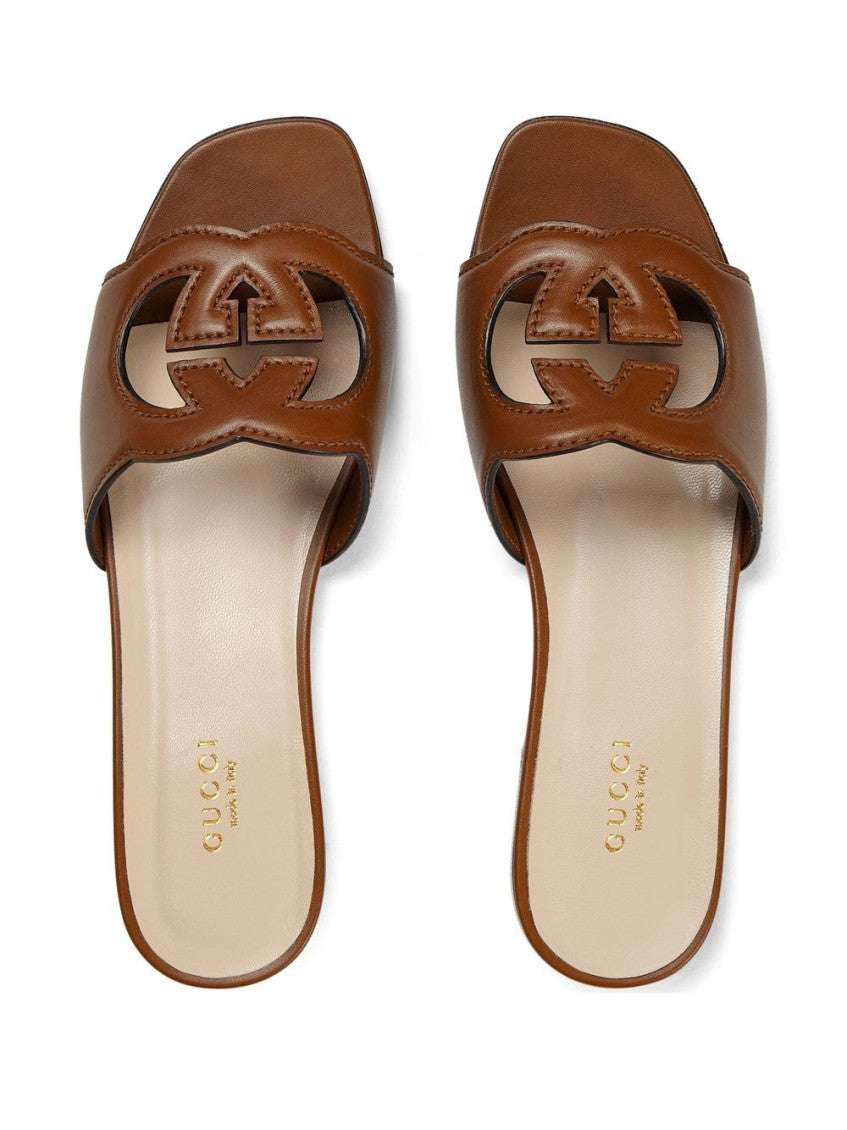 Brown GG Cut-out Leather Flat Sandals 2