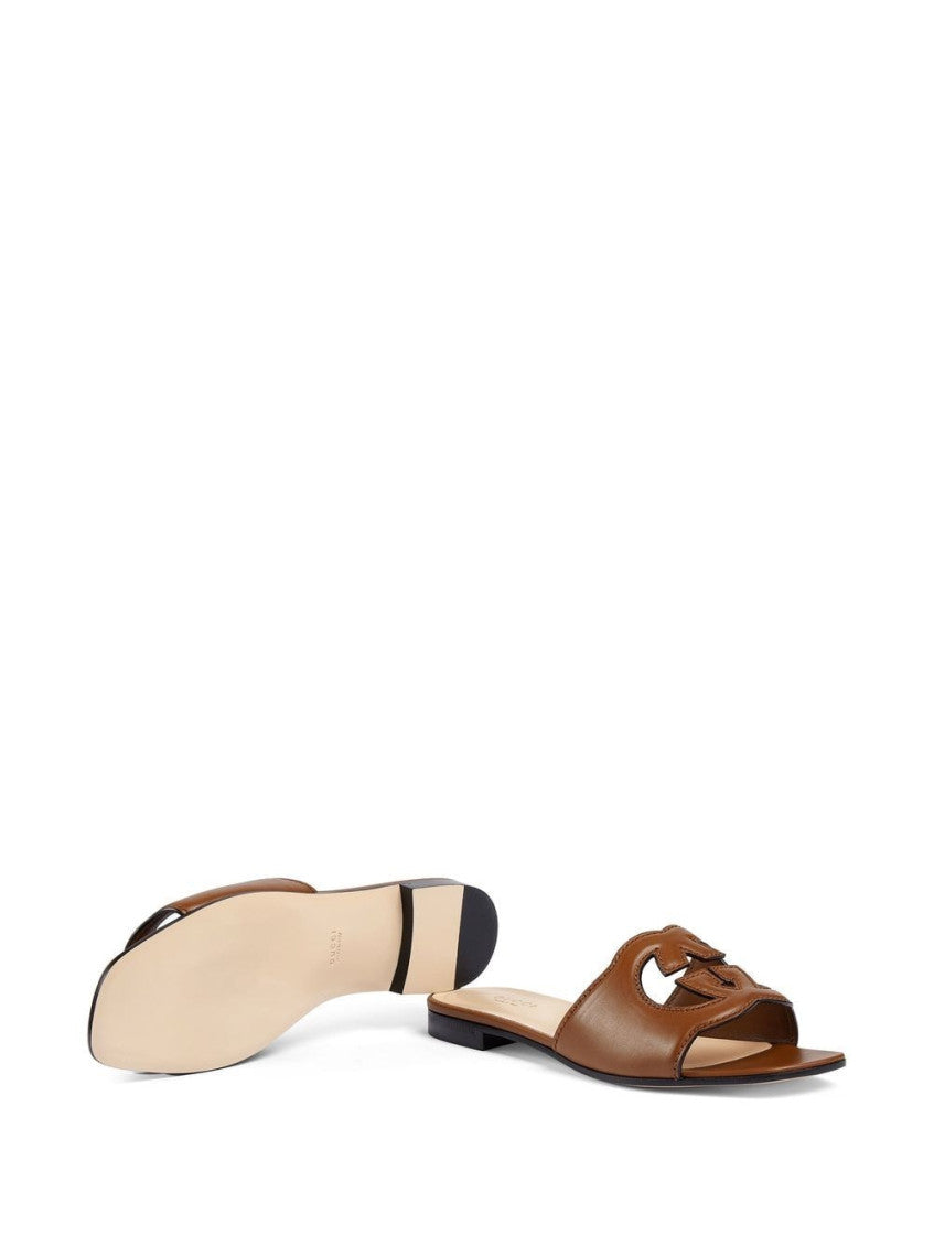 Brown GG Cut-out Leather Flat Sandals 3