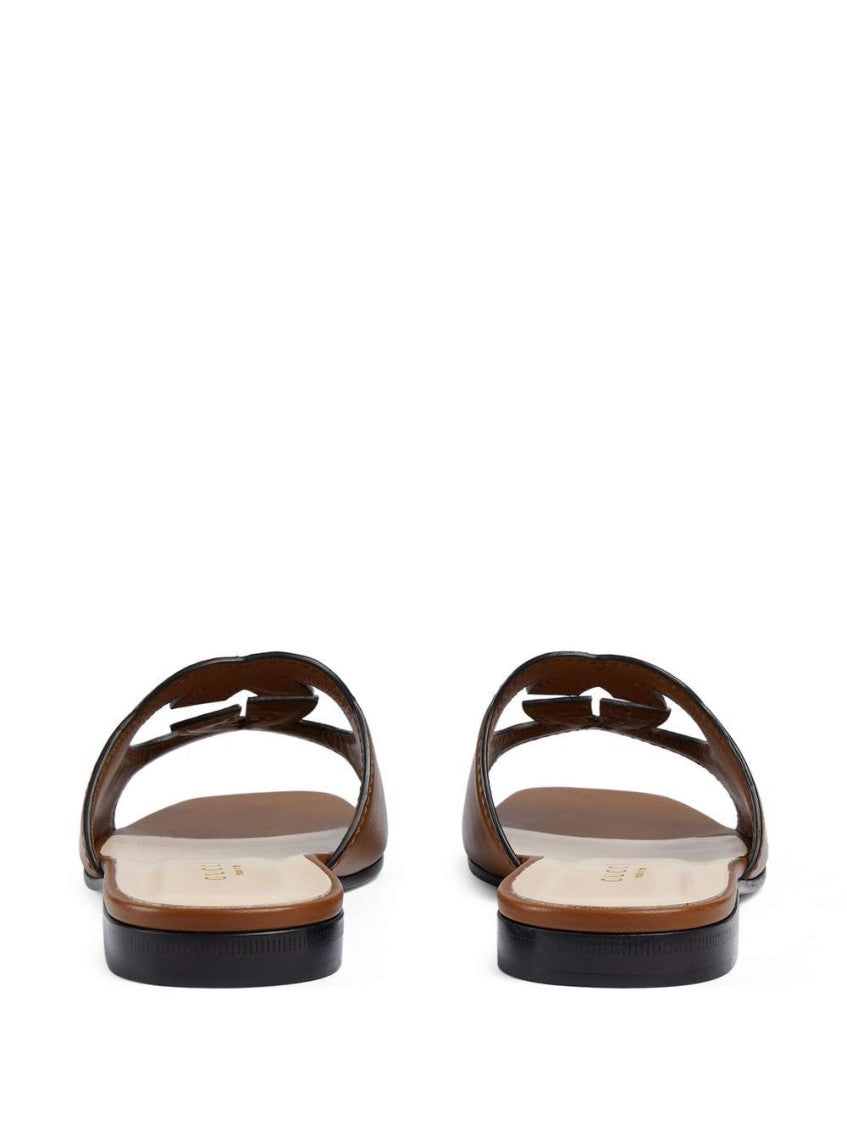 Brown GG Cut-out Leather Flat Sandals 4
