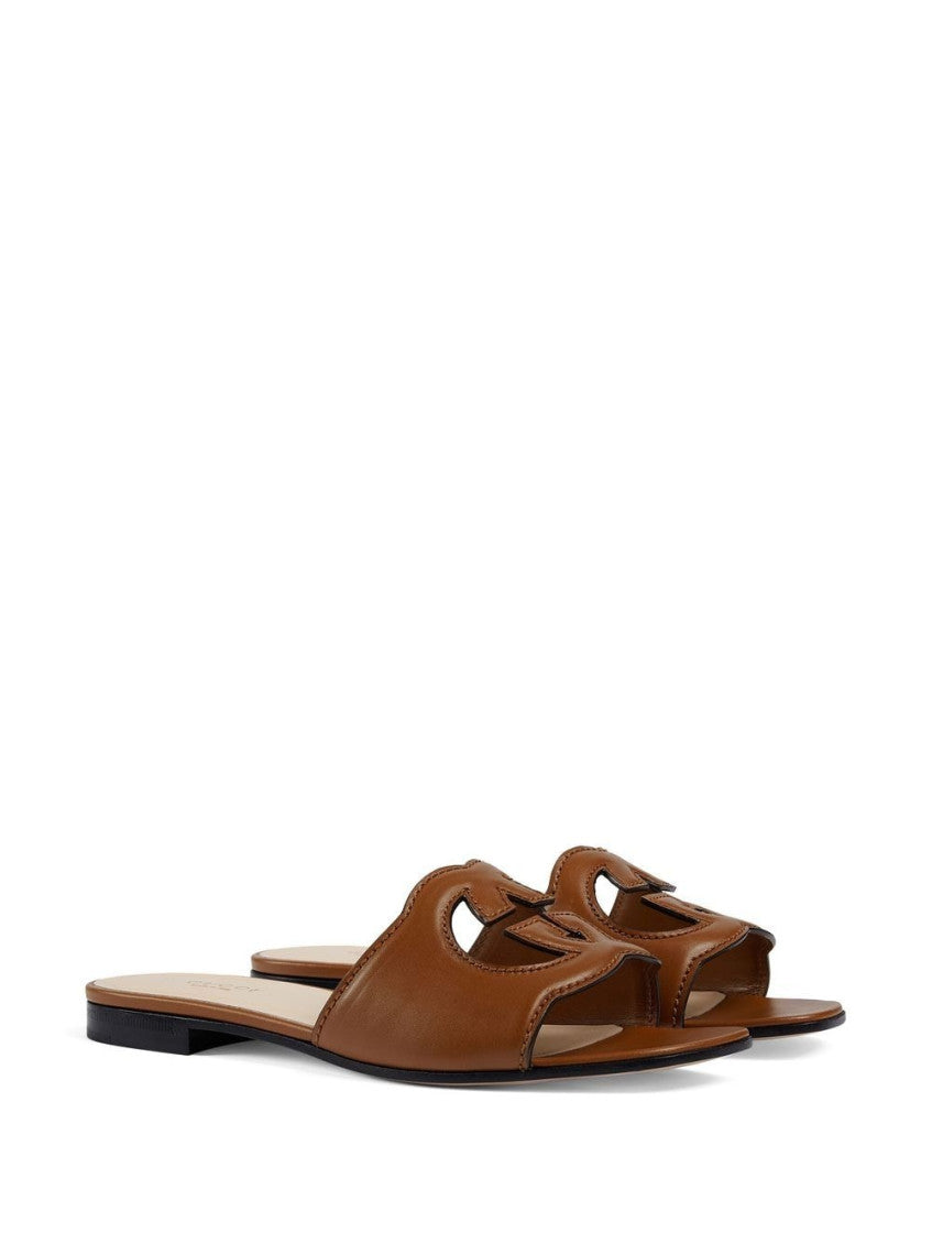 Brown GG Cut-out Leather Flat Sandals 5