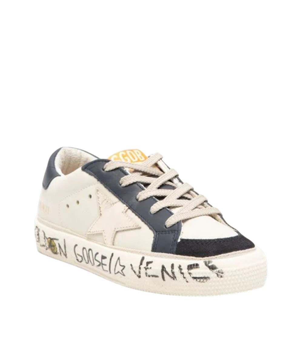 Kids White Blue Leather Sneakers 1