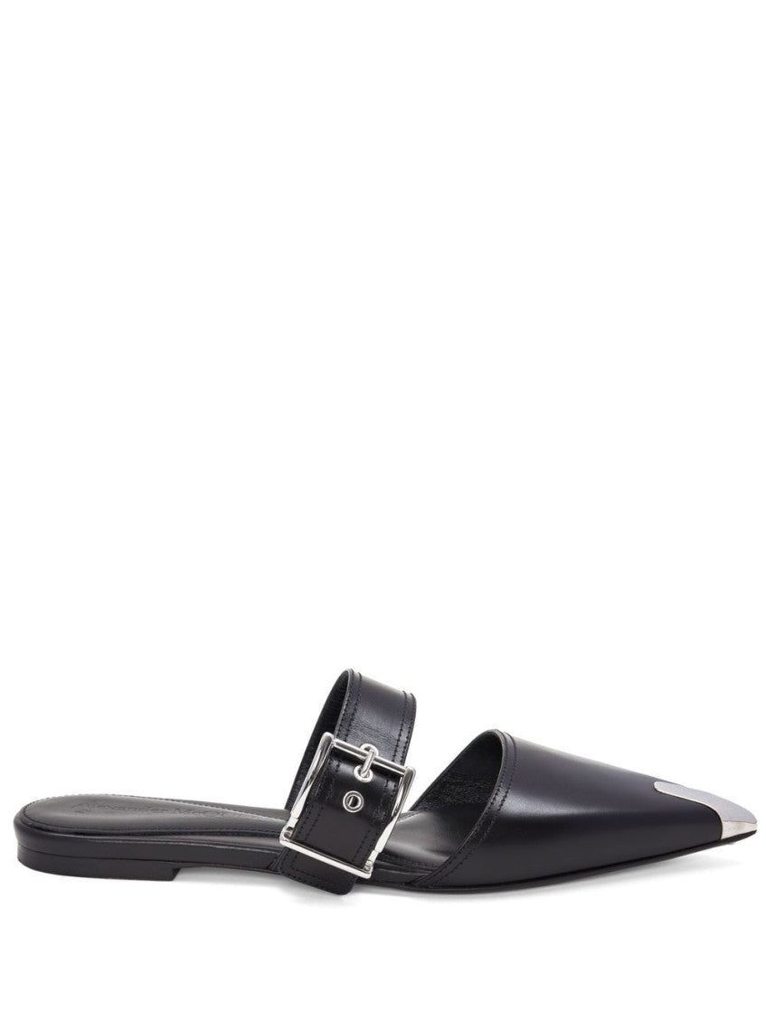 Black Black Buckled Leather Flats 1
