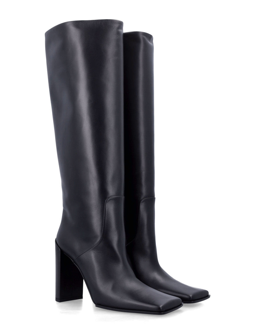 Black Solid Square Toe High Boots 2